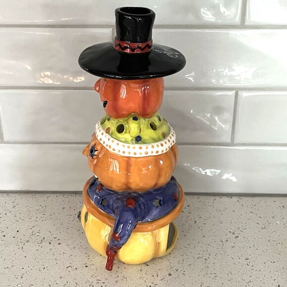 Halloween Porcelain Stacked Pumpkins Jack O Lanterns Tea Light Candle 11" x 5.5" - Picture 2 of 8